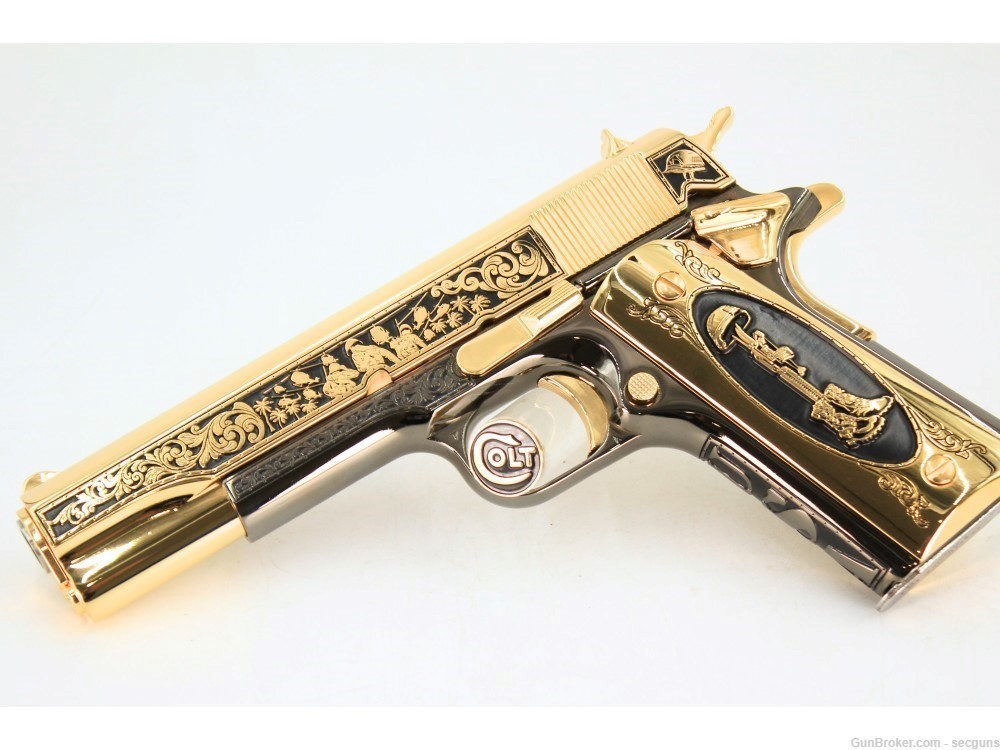 Colt 1911 Government Engraved 24K Gold/Black Chrome Pistol CUSTOM WOOD CASE-img-3