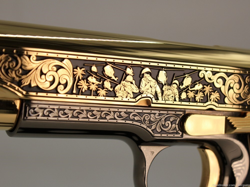 Colt 1911 Government Engraved 24K Gold/Black Chrome Pistol CUSTOM WOOD CASE-img-4