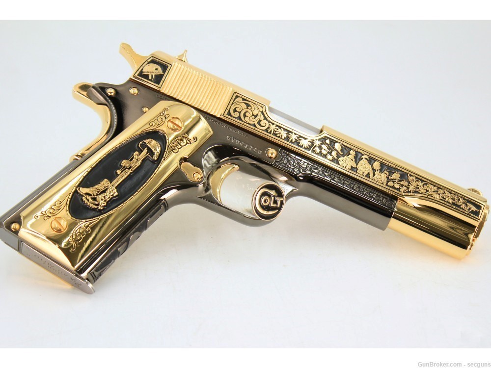 Colt 1911 Government Engraved 24K Gold/Black Chrome Pistol CUSTOM WOOD CASE-img-2