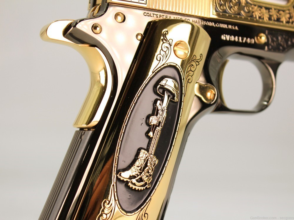 Colt 1911 Government Engraved 24K Gold/Black Chrome Pistol CUSTOM WOOD CASE-img-5
