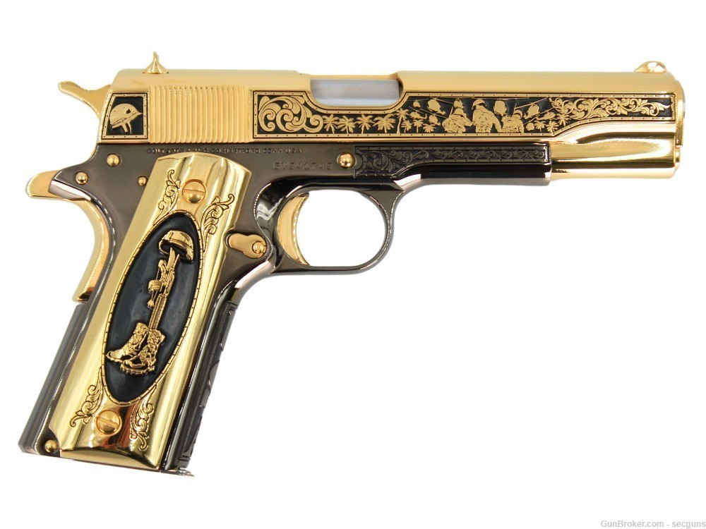 Colt 1911 Government Engraved 24K Gold/Black Chrome Pistol CUSTOM WOOD CASE-img-1