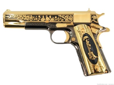 Colt 1911 Government Engraved 24K Gold/Black Chrome Pistol CUSTOM WOOD CASE