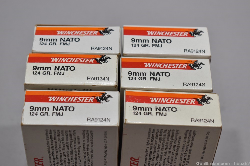 6 Boxes 295 Rds Winchester 9mm NATO 124 G FMJ 92-94 Dated RA9124N-img-0