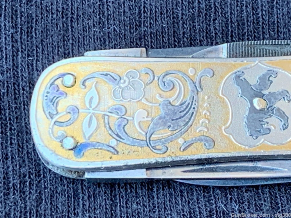 ANTIQUE J.A. HENCKEL 4 BLADE ENGRAVED GOLD WASHED SILVER INLAY POCKET KNIFE-img-5