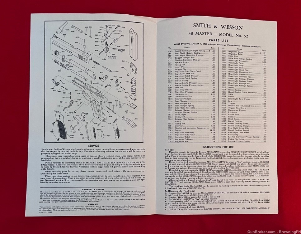 Vintage Smith & Wesson Model 52 Owners Instruction Manual S&W .38 Master-img-1