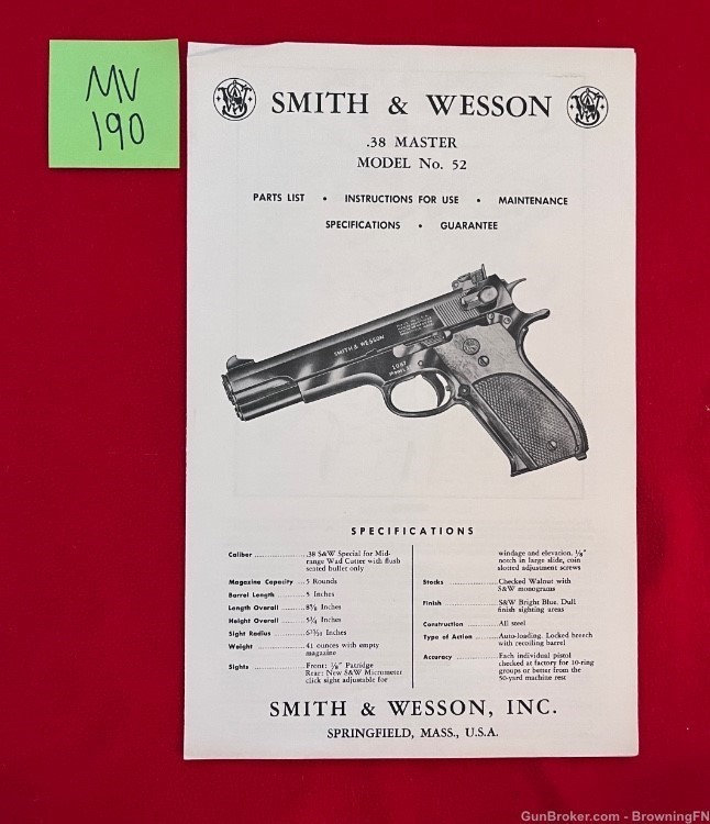 Vintage Smith & Wesson Model 52 Owners Instruction Manual S&W .38 Master-img-0
