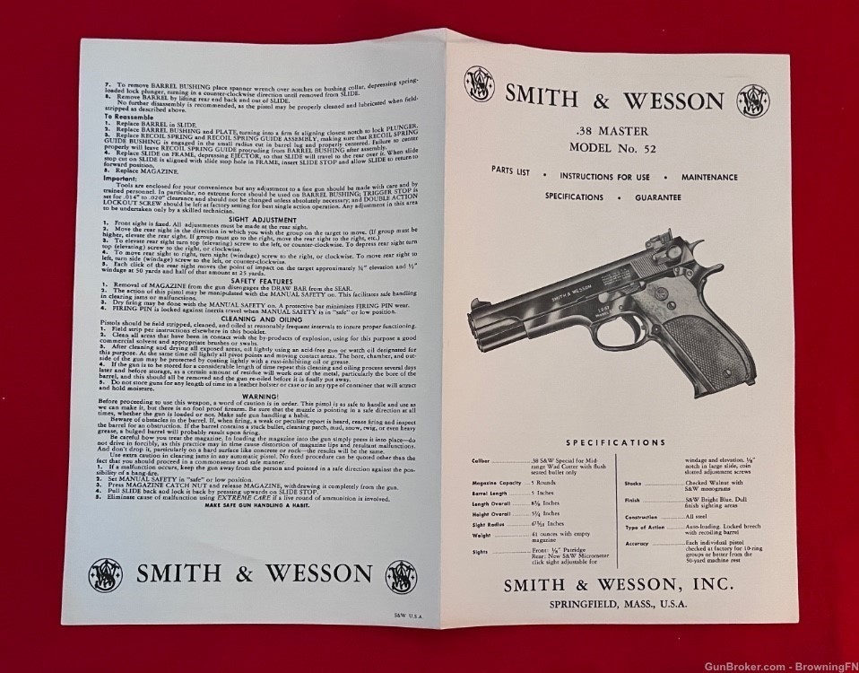 Vintage Smith & Wesson Model 52 Owners Instruction Manual S&W .38 Master-img-2