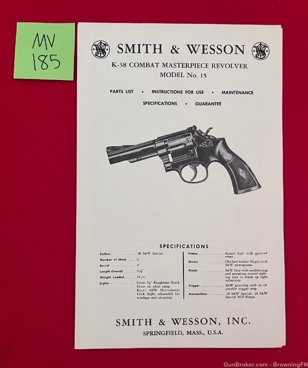 Vintage Smith & Wesson Model 15 Owners Instruction Manual S&W .38 Combat-img-0