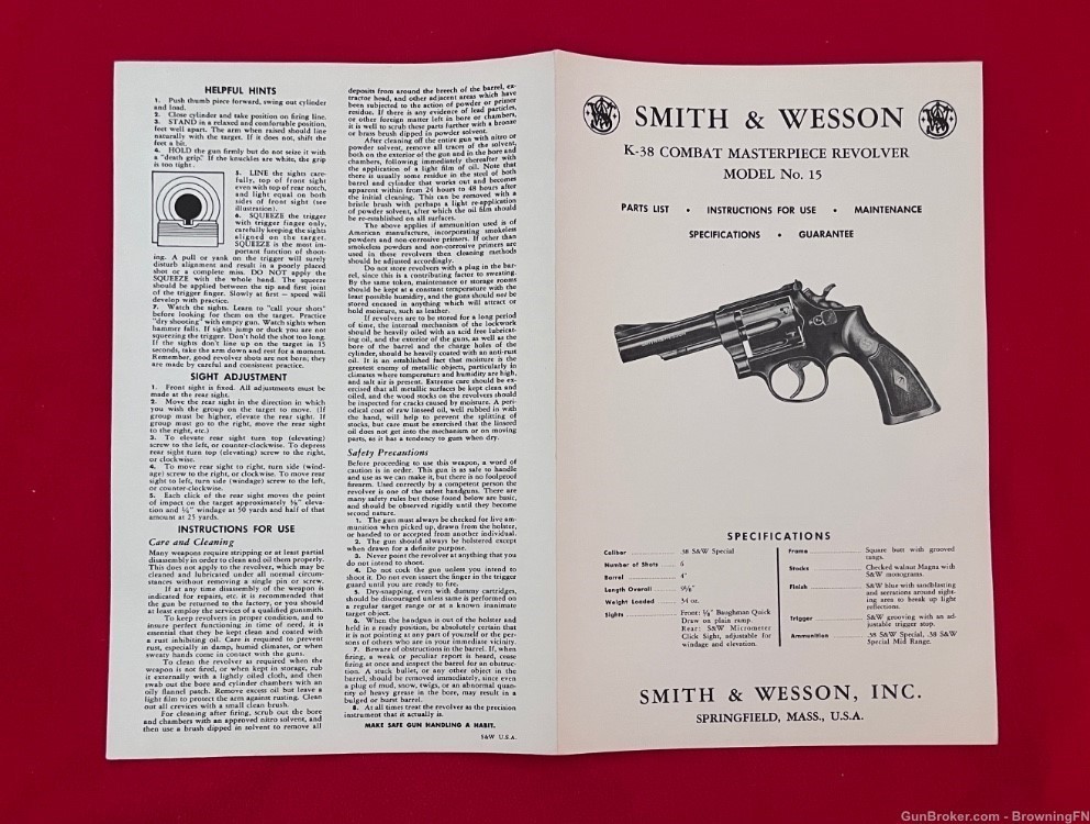 Vintage Smith & Wesson Model 15 Owners Instruction Manual S&W .38 Combat-img-2