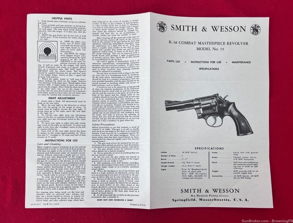 Vintage Smith & Wesson S&W Model 15 Owners Instruction Manual .38 Combat-img-2