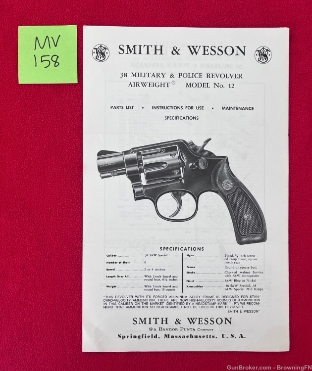 Vintage Smith & Wesson Model 12 Owners Instruction Manual S&W .38 M&P-img-0