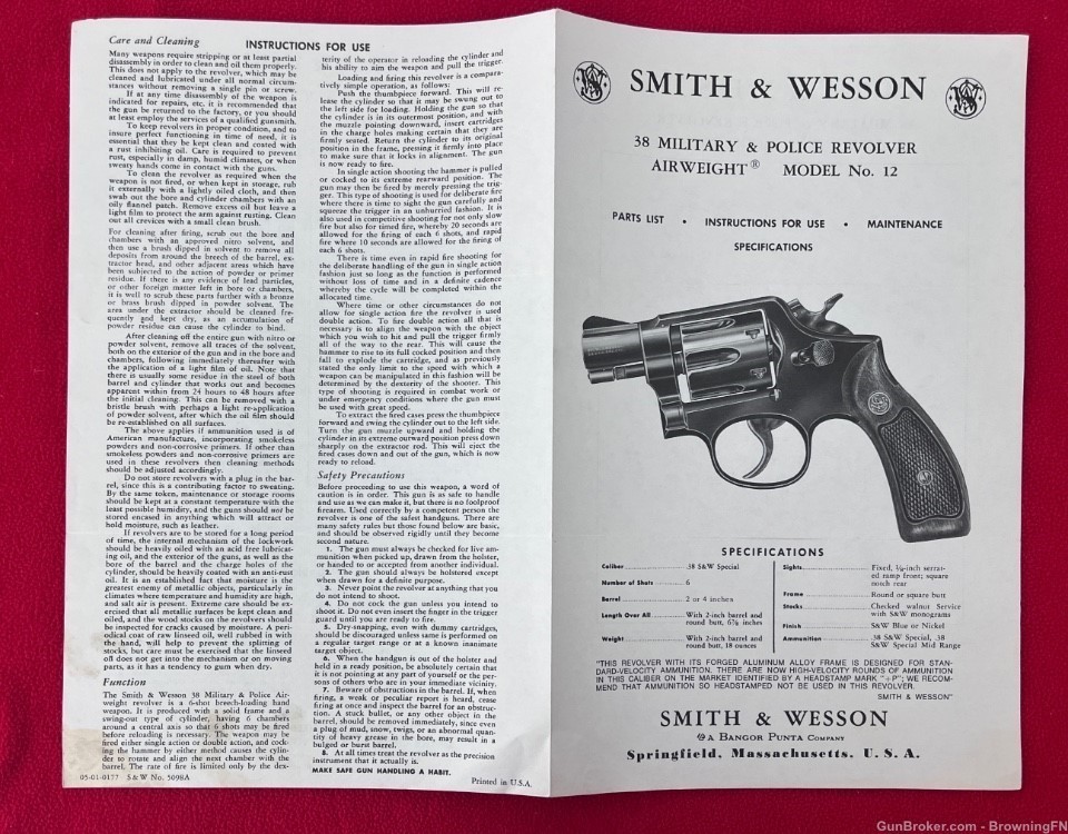 Vintage Smith & Wesson Model 12 Owners Instruction Manual S&W .38 M&P-img-2