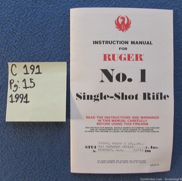 Vintage Ruger Number # 1 Owners Instruction Manual Single Shot 1991-img-0