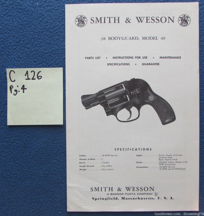 Vintage Smith & Wesson Model 49 Owners Instruction Manual S&W .38 Bodyguard-img-0