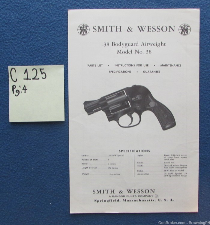 Vintage Smith & Wesson Model 38 Owners Instruction Manual .38 Bodyguard S&W-img-0