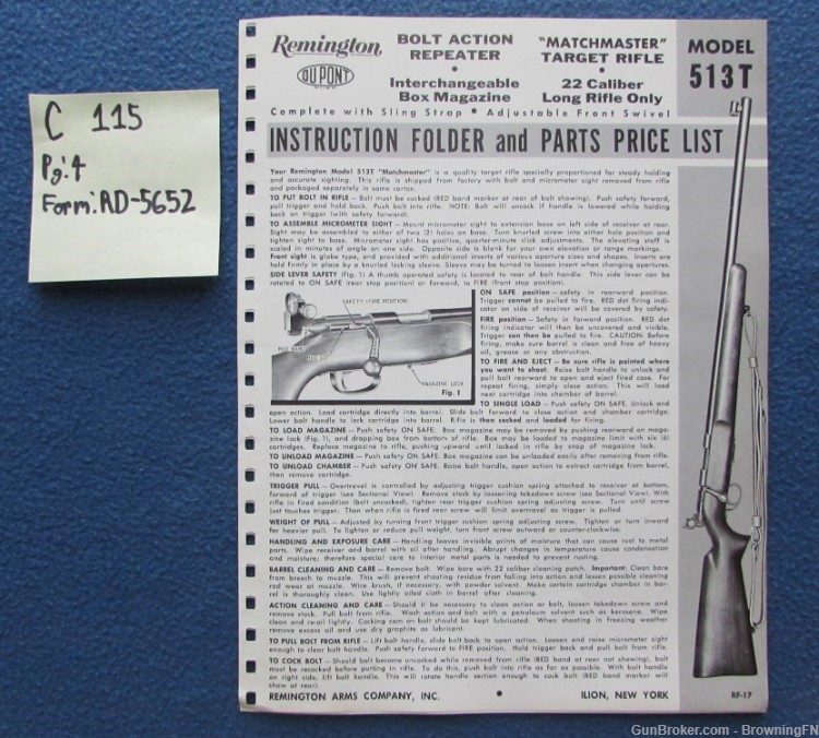 Vintage Remington Model 513T Owners Instruction Manual .22 Target-img-0