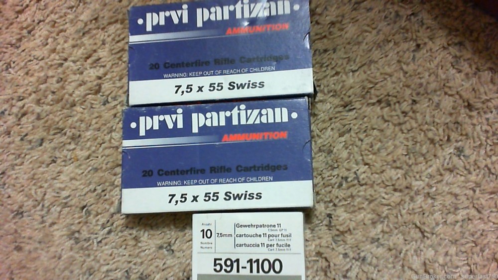  7.5x55 Swiss ammo ,2 boxes of prvi 1SP,1FMJ, and 1 box of 10 GP11-img-0