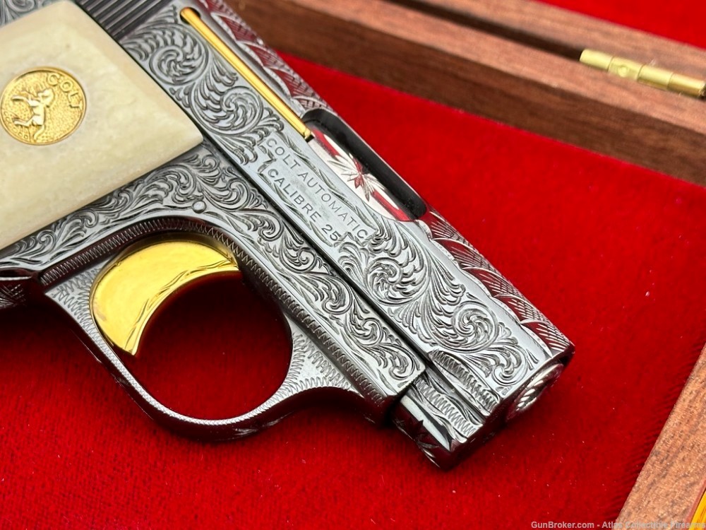 1921 Colt M1908 Vest Pocket 25 ACP Blue/Gold *HAND ENGRAVED & GIRAFFE BONE*-img-6