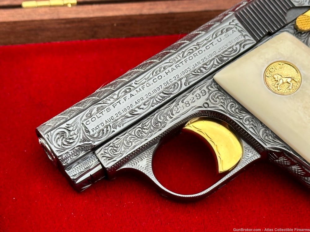 1921 Colt M1908 Vest Pocket 25 ACP Blue/Gold *HAND ENGRAVED & GIRAFFE BONE*-img-2