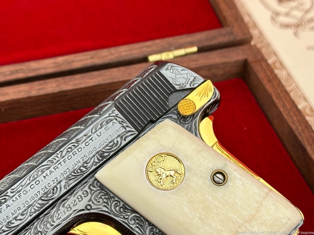 1921 Colt M1908 Vest Pocket 25 ACP Blue/Gold *HAND ENGRAVED & GIRAFFE BONE*-img-3