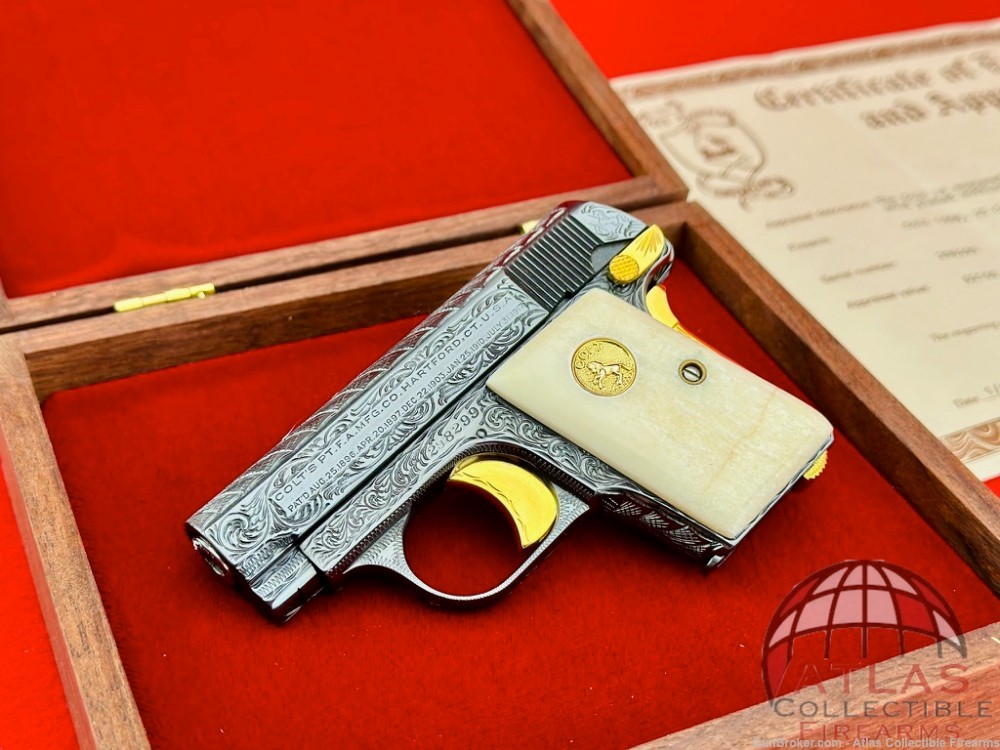 1921 Colt M1908 Vest Pocket 25 ACP Blue/Gold *HAND ENGRAVED & GIRAFFE BONE*-img-0