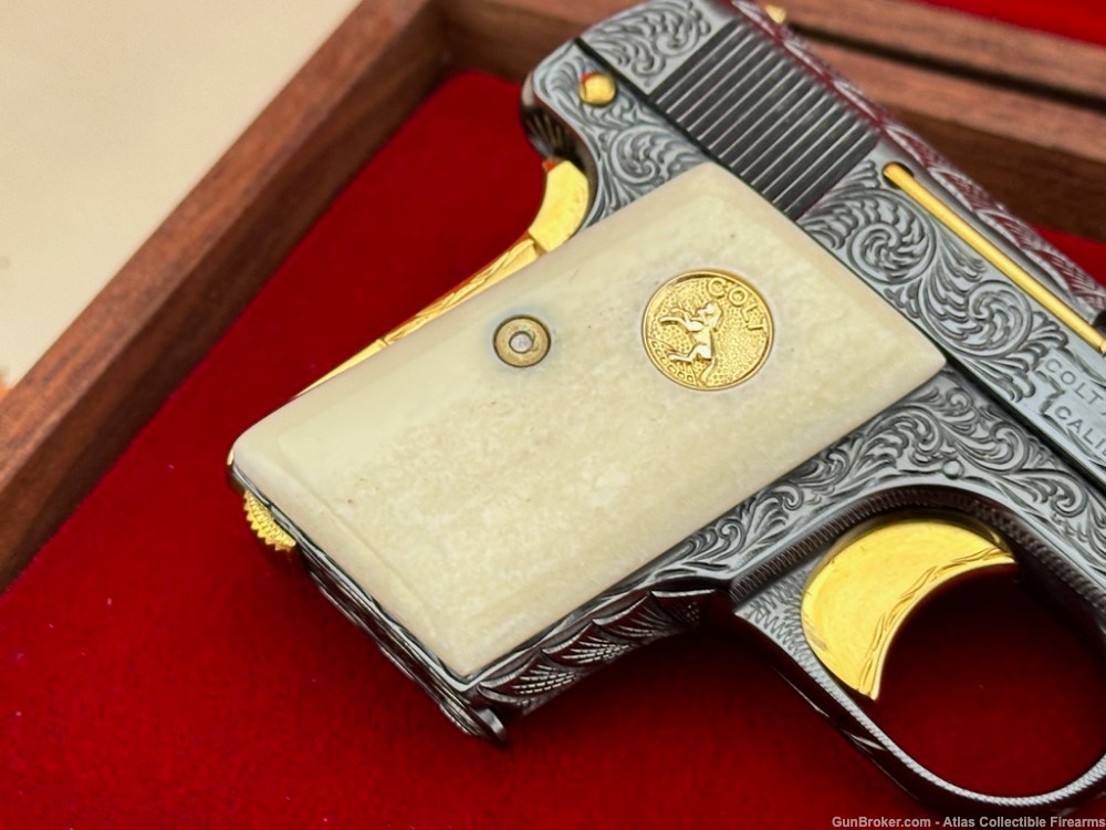 1921 Colt M1908 Vest Pocket 25 ACP Blue/Gold *HAND ENGRAVED & GIRAFFE BONE*-img-8