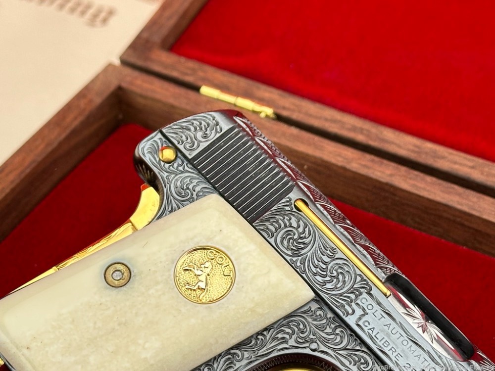 1921 Colt M1908 Vest Pocket 25 ACP Blue/Gold *HAND ENGRAVED & GIRAFFE BONE*-img-7