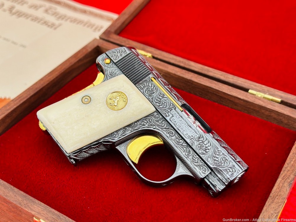 1921 Colt M1908 Vest Pocket 25 ACP Blue/Gold *HAND ENGRAVED & GIRAFFE BONE*-img-5