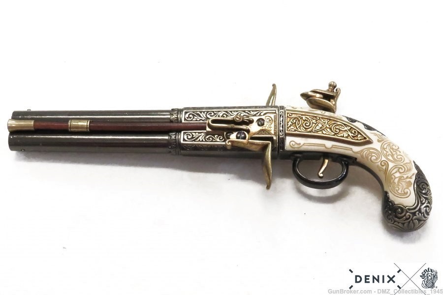 1750s British Colonial Engraved Double Barrel Non Firing Flintlock by Denix-img-5