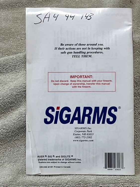 Sig Sauer Owner's Manual p220 p225 p226 p228 p229 p239 p245 printed 2001-img-1