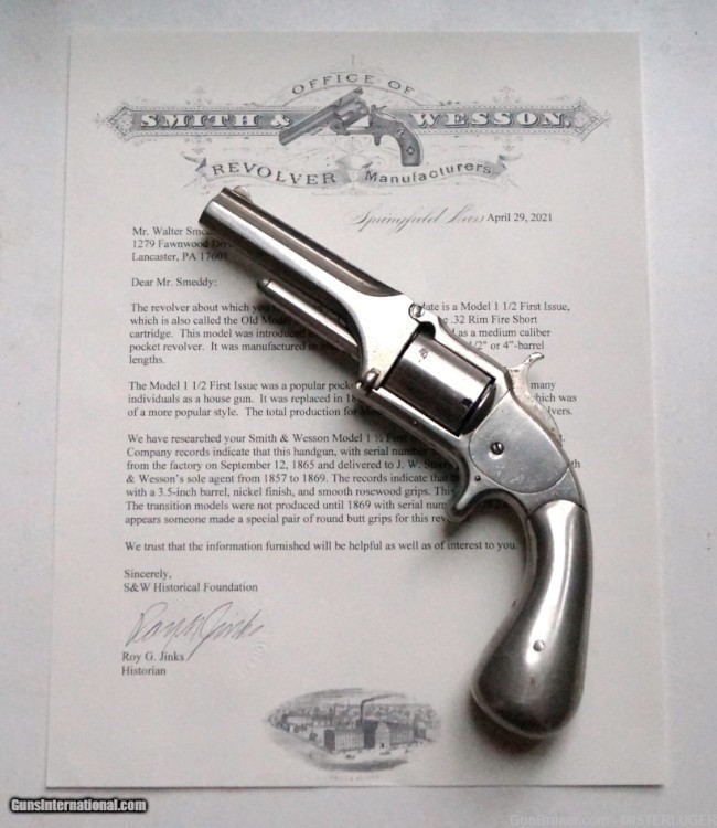 SMITH & WESSON MODEL 1 1/2  FIRST ISSUE WITH CLUB BUTT AND ARCHIVE LETTER -img-0
