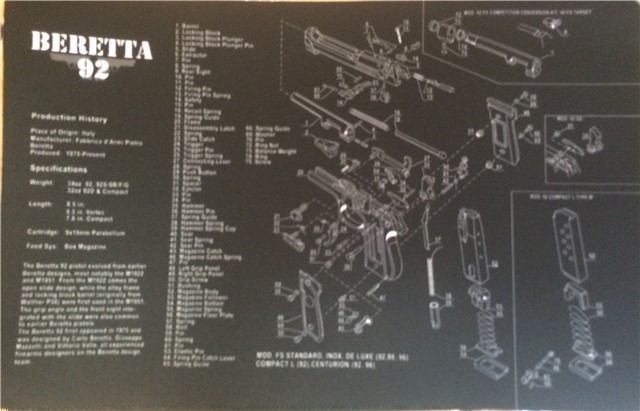 Beretta 92 Armorer's Mat Schematic NIB No CC Fee-img-0