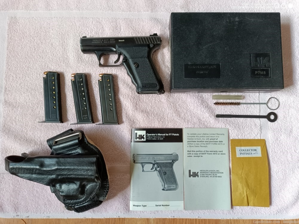 HK P7M8 pistol w. 3 mags., #-d box, brush, reamer, manual, ankle holster,-img-0