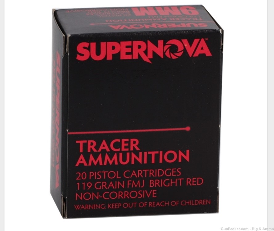 Supernova 9mm Luger Exotic Red Tracers 119 Gr Full Metal Jacket 20 Rds-img-0