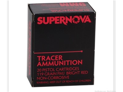 Supernova 9mm Luger Exotic Red Tracers 119 Gr Full Metal Jacket 20 Rds