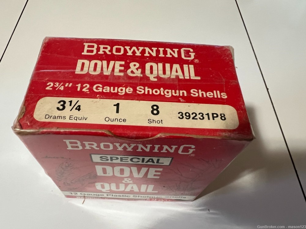 FULL RED 12 GA BROWNING SPECIAL DOVE & QUAIL BOX NO 8 SHOT-img-2