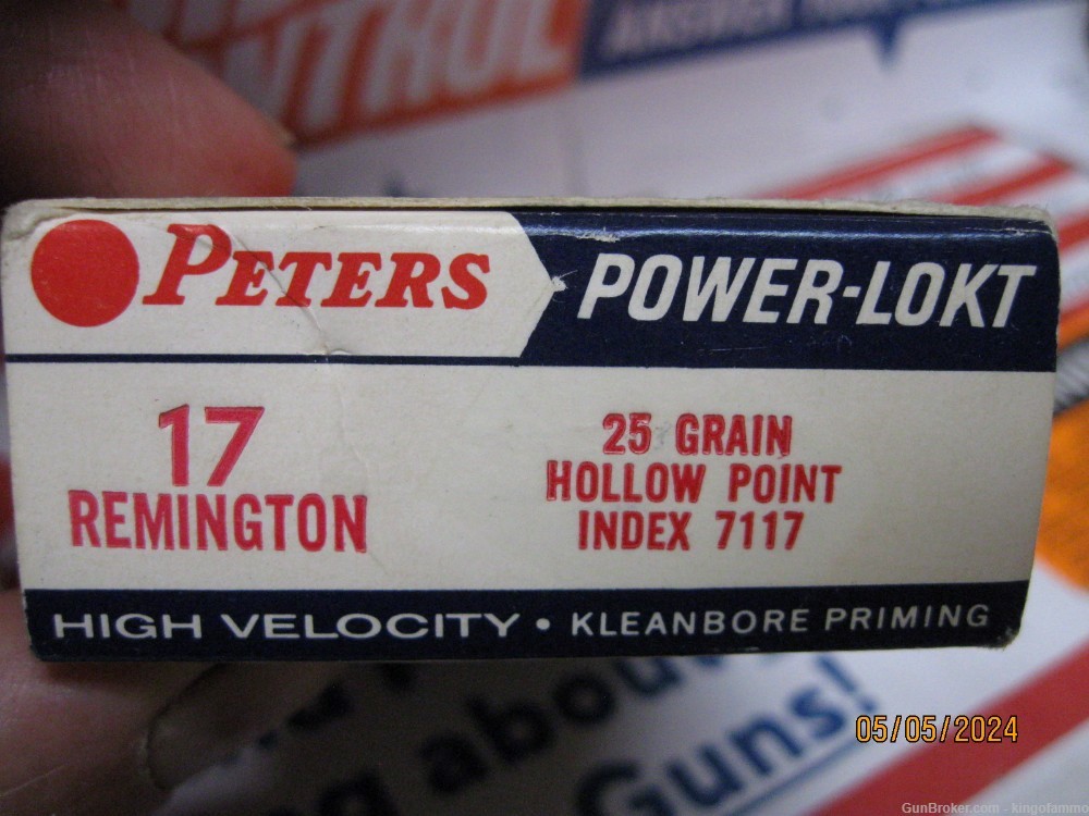 Scarce Peter's Power-Lokt 17 Remington 25 gr HP ammo 1960's Minty Box -img-2