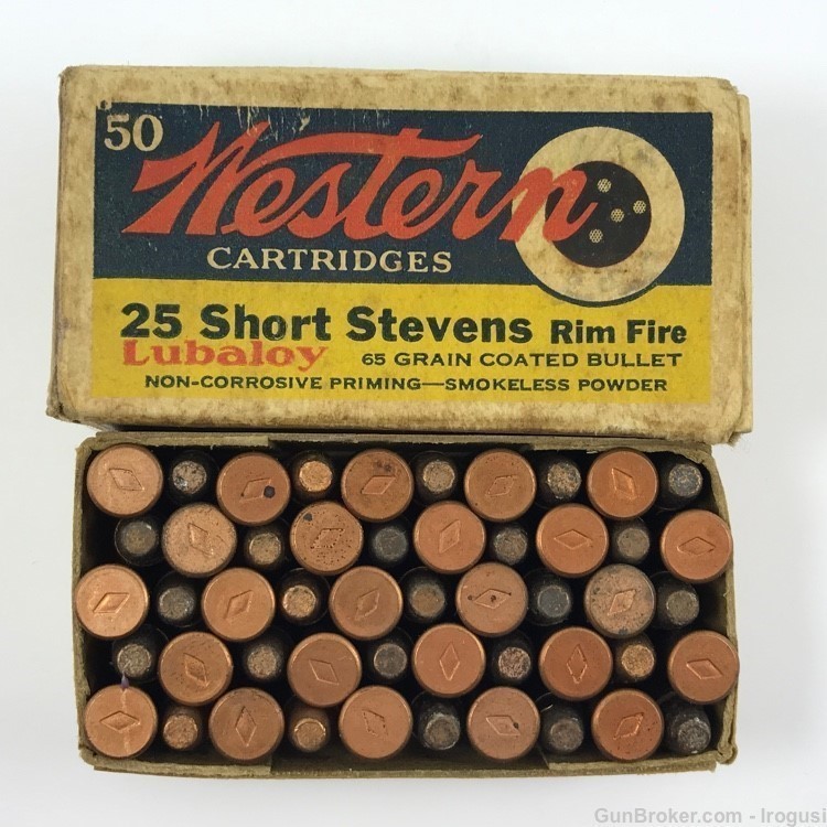 1930-50 Western .25 Short Stevens RF FULL Vintage Bullseye Box 1086-LXX-img-0