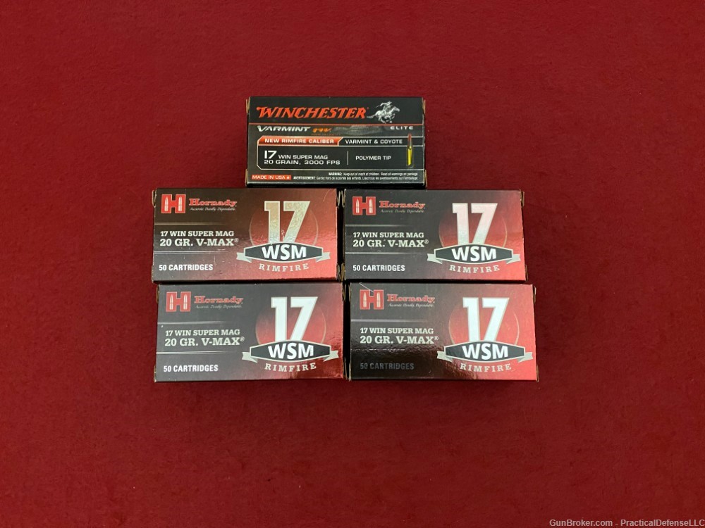 250rds .17 WSM 20 GR. V-MAX Hornady and Winchester Polymer Tip, five boxes -img-0
