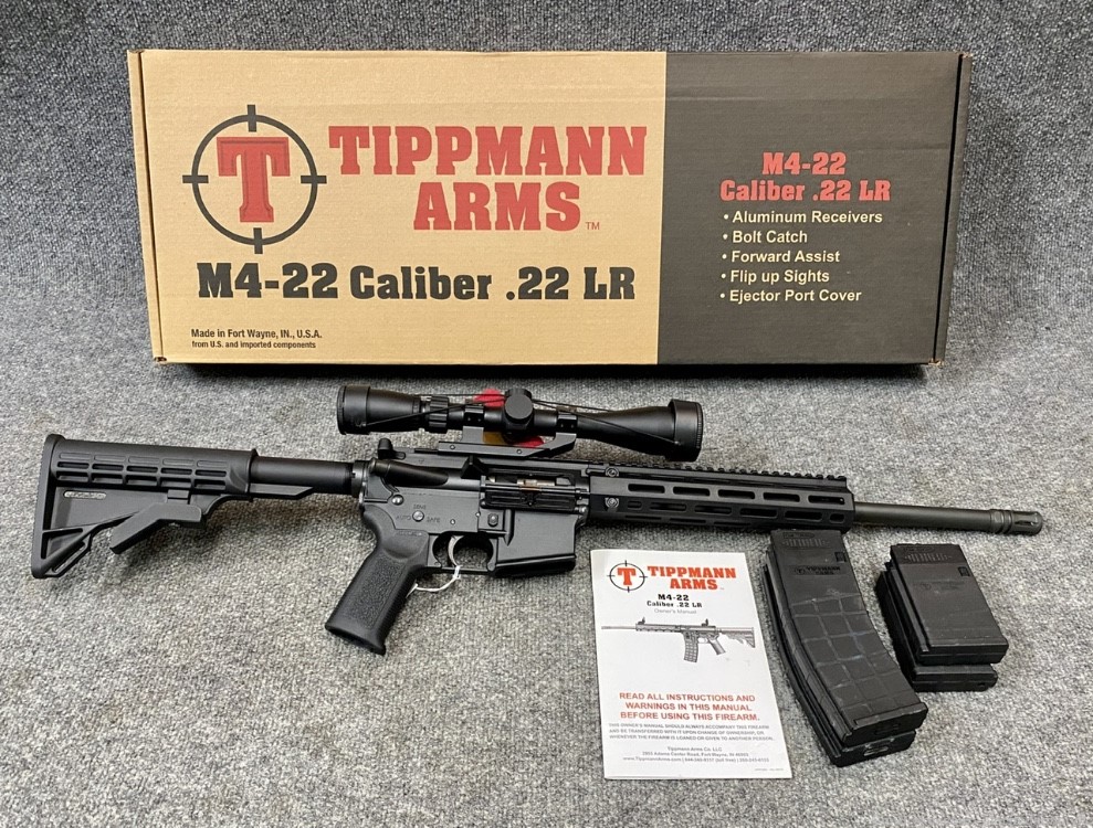 Tippmann Arms AR-15 M4-22 .22lr M4 Pro Leupold 4 mags unfired? Penny!-img-0