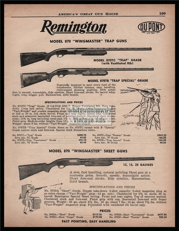 1957 REMINGTON Model 870 Wingmaster Trap/Skeet Shotgun AD w/ specs & prices-img-0