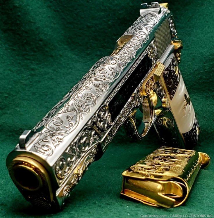 COLT 1911 Government 45 Fully Engraved Polished Bright SS 24k Gold Plated-img-10