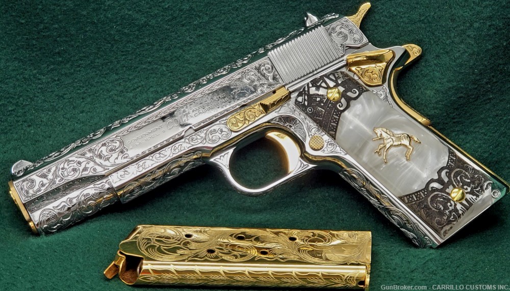COLT 1911 Government 45 Fully Engraved Polished Bright SS 24k Gold Plated-img-4