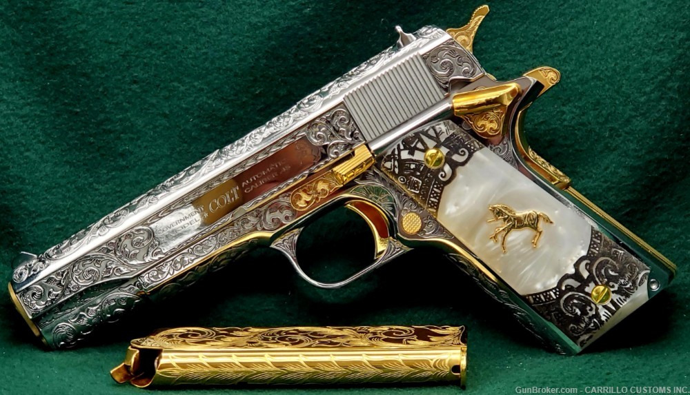COLT 1911 Government 45 Fully Engraved Polished Bright SS 24k Gold Plated-img-2