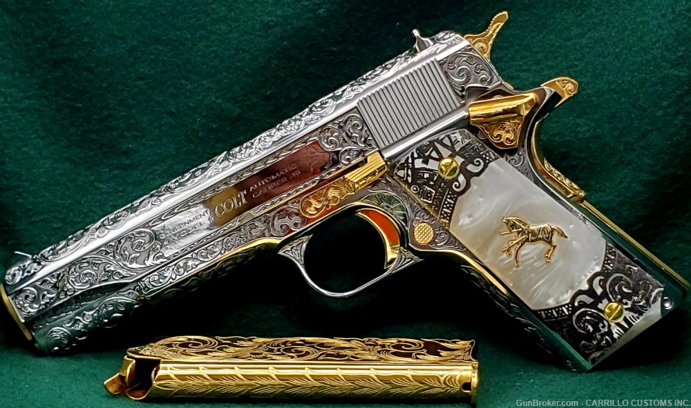 COLT 1911 Government 45 Fully Engraved Polished Bright SS 24k Gold Plated-img-0