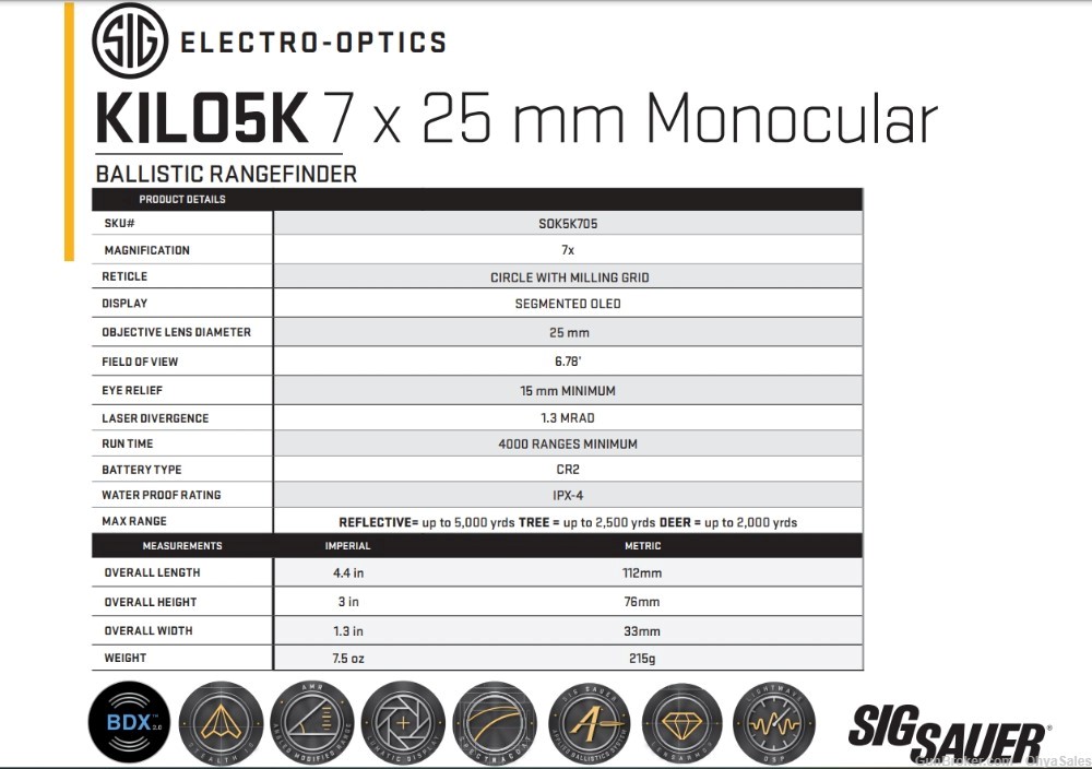 Sig Sauer KILO5K 7x25mm BDX 2.0 Laser Rangefinder, Red OLED - SOK5K705-img-10