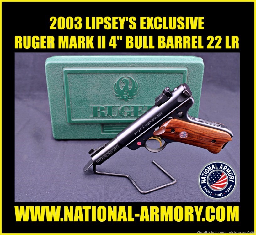 2003 LIPSEY'S EXCLUSIVE RUGER MK II 22 LR 4" BULL BARREL GOLD TRIGGER & BOX-img-0