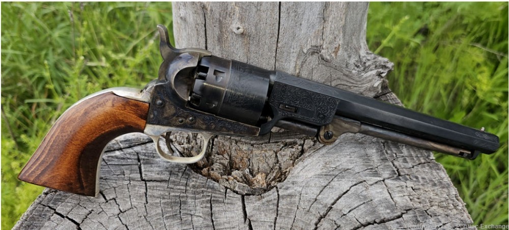 EMF Colt 1851 Revolver Steel Engraved .44 w Case Flask & Bullet Mold-img-4