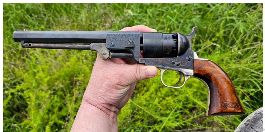 EMF Colt 1851 Revolver Steel Engraved .44 w Case Flask & Bullet Mold-img-6
