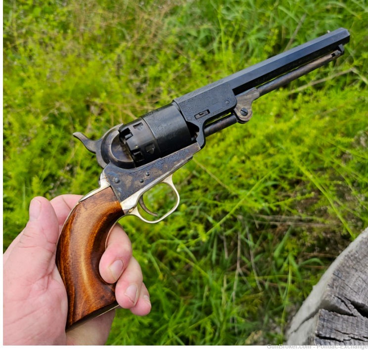 EMF Colt 1851 Revolver Steel Engraved .44 w Case Flask & Bullet Mold-img-5
